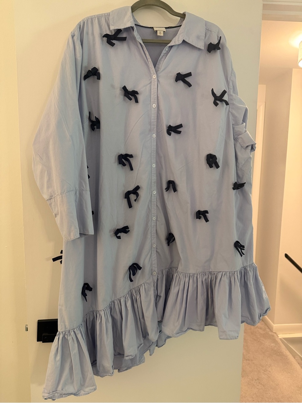 Maeve Light Blue Asymmetrical Midi Dress with Navy Bow Accents